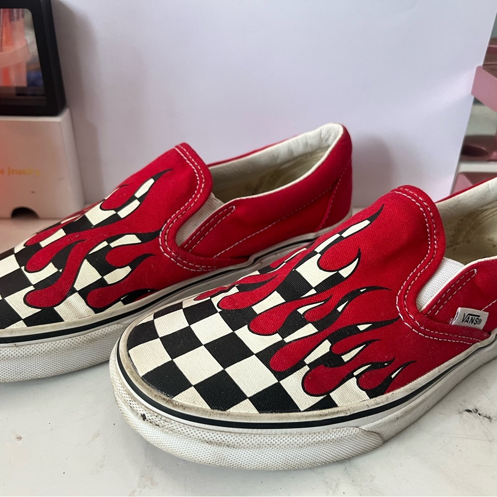 Vans Kids Red Flame Checkered Slip-On Shoes